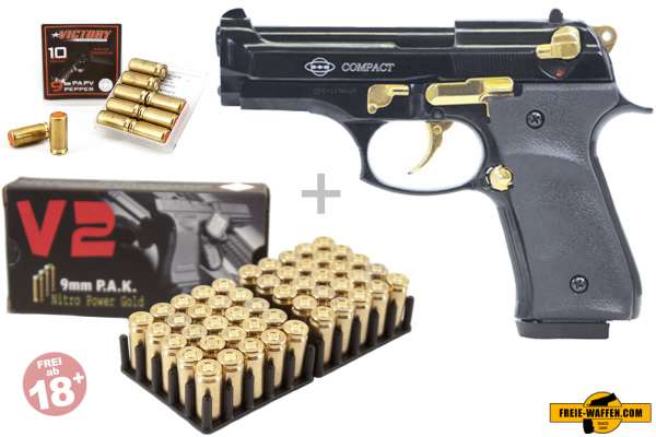 Schreckschuss Set: Ekol Compact Schwarz/ Gold + 50 Platz- / + 10 Pfefferpatronen 9mm Schreckschuss Set: Ekol Compact Schwarz/ Gold + 50 Platz- / + 10 Pfefferpatronen 9mm