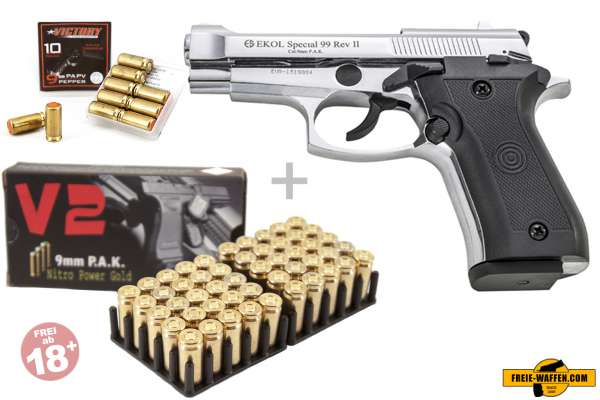 Schreckschuss Set: Ekol Special 99 REV. II Chrom + 50 Platz- / + 10 Pfefferpatronen 9mm Schreckschuss Set: Ekol Special 99 REV. II Chrom + 50 Platz- / + 10 Pfefferpatronen 9mm