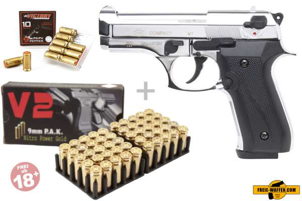 Schreckschuss Set: Ekol Compact Chrom + 50 Platz- / + 10 Pfefferpatronen 9mm P.A.K. Schreckschuss Set: Ekol Compact Chrom + 50 Platz- / + 10 Pfefferpatronen 9mm P.A.K.
