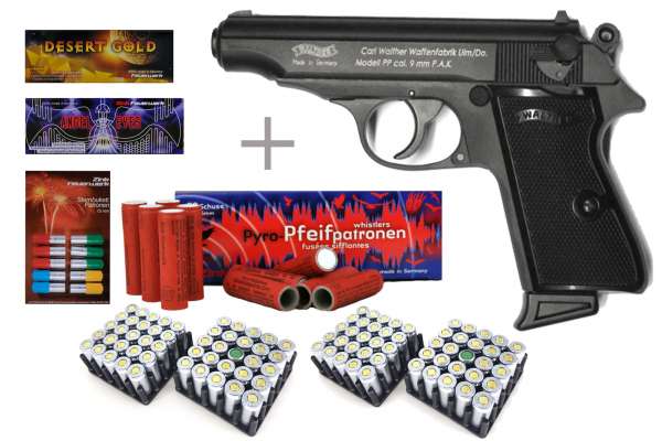 Schreckschuss Silvester Set Walther PP Schwarz brüniert inkl. 100 Stk. Effekt + 100 Stk. 9mm P.A.K. Schreckschuss Silvester Set Walther PP Schwarz brüniert inkl. 100 Stk. Effekt + 100 Stk. 9mm P.A.K.