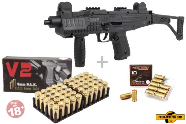 Schreckschuss Set: Ekol ASI mit Klappschaft Schwarz + 50 Platz- / + 10 Pfefferpatronen 9mm P.A.K. Schreckschuss Set: Ekol ASI mit Klappschaft Schwarz + 50 Platz- / + 10 Pfefferpatronen 9mm P.A.K.