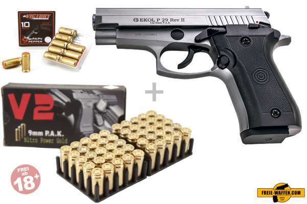 Schreckschuss Set: Ekol P29 Titan + 50 Platz- / + 10 Pfefferpatronen 9mm P.A.K. Schreckschuss Set: Ekol P29 Titan + 50 Platz- / + 10 Pfefferpatronen 9mm P.A.K.