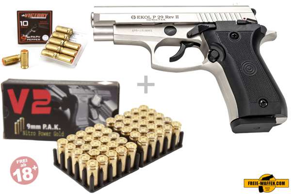 Schreckschuss Set: Ekol P29 vernickelt + 50 Platz- / + 10 Pfefferpatronen 9mm P.A.K. Schreckschuss Set: Ekol P29 vernickelt + 50 Platz- / + 10 Pfefferpatronen 9mm P.A.K.