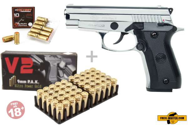 Schreckschuss Set: Ekol P29 REV. II Chrom + 50 Platz- / + 10 Pfefferpatronen 9mm Schreckschuss Set: Ekol P29 REV. II Chrom + 50 Platz- / + 10 Pfefferpatronen 9mm