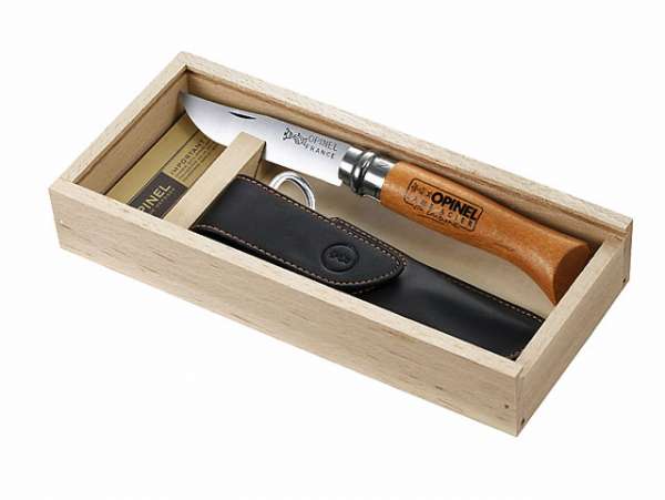 Opinel-Messer, Größe 8, nicht rostfrei, Etui, in Holzbox