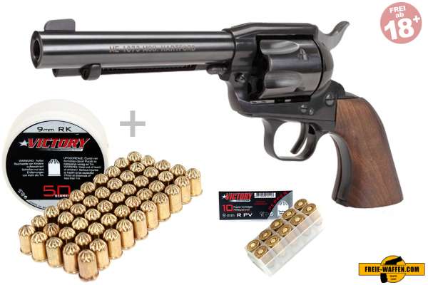 Schreckschuss Set: ME 1873 Hartford Revolver brüniert + 50 Platz- / + 10 Pfefferpatronen 9mm R.K.