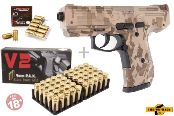 Schreckschuss Set: Zoraki 925 Camo + 50 Platz- / + 10 Pfefferpatronen 9mm P.A.K.