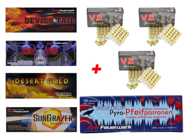 Silvester Pyro Munition - Set: 130 Teile Zink Feuerwerk + 150 Schuss Platzpatronen