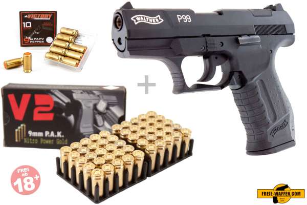 Walther P99 Schreckschuss Set Pistole, 50 Platzpatronen 10 Pfefferpatronen.