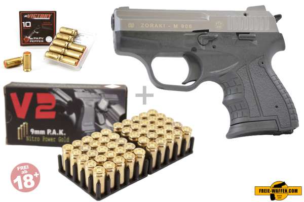 Schreckschuss Set Zoraki 906 Titan / Chrom inkl. 50 Schuss Platzpatronen und 10 Pfefferpatronen 