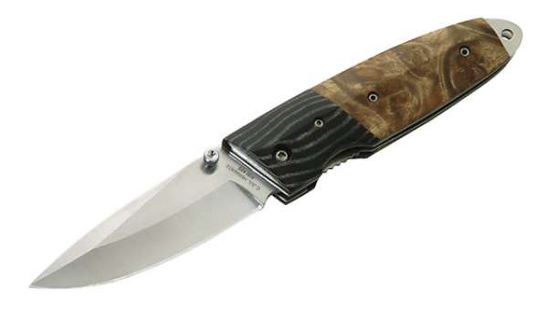 Herbertz Einhandmesser, AISI 420, Wurzelholz-Schalen, Micarta-Ba