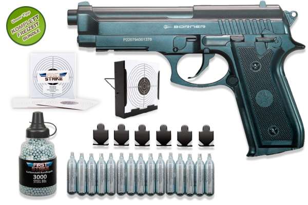 Co² Pistole Komplettset: Luftpistole Borner 92M, Kaliber 4,5 mm BBs, Kugelfangkasten & Zubehör
