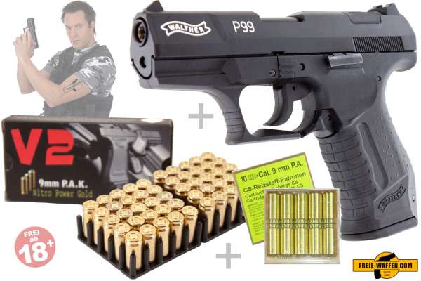 Walther P99 Schreckschusspistole Knall- und CS-Patronen Set