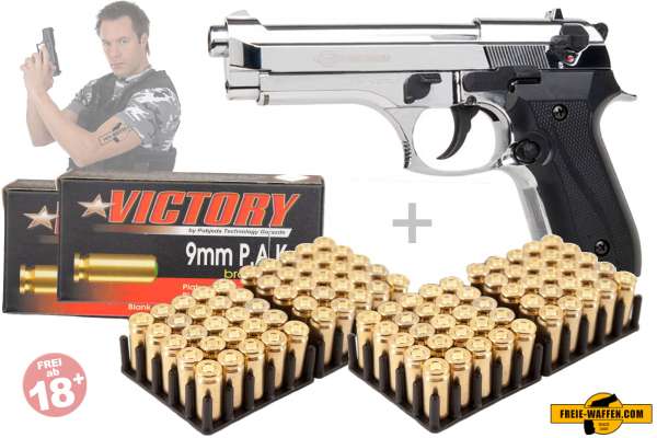 Schreckschuss Set: Ekol Firat Magnum Chrom + 100 Knallpatronen 9mm P.A.K.