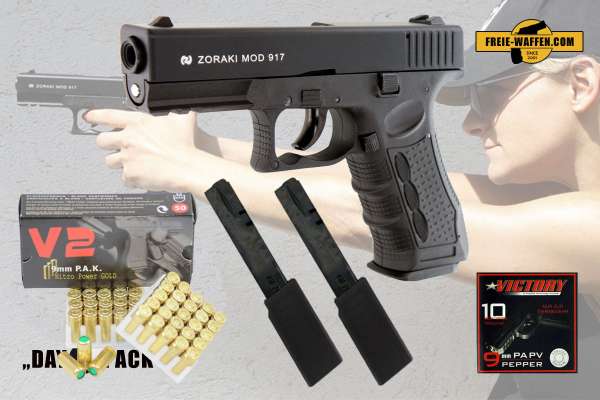 Everydaycarry: Zoraki 917 Schreckschusspistole 9mm P.A.K. Schwarz + 2x 30 Schuss Magazin + Platzpatr