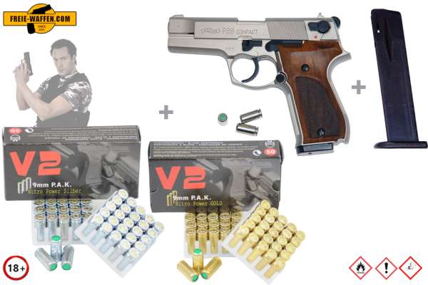 Walther P88 Nickel/ HG Schreckschuss Set + 50 Platz- / + 10 Pfefferpatronen 9mm P.A.K.