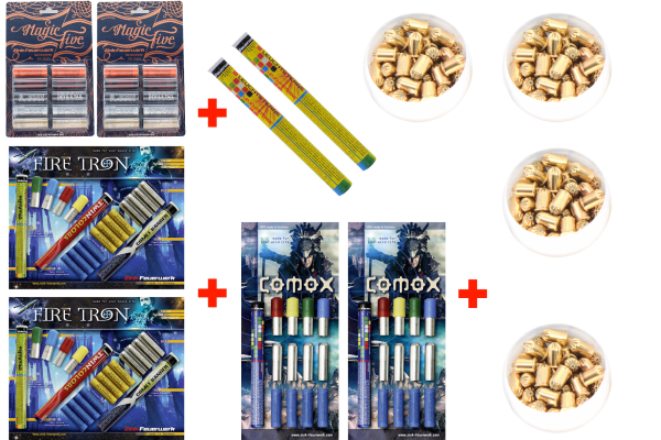 Silvester Schreckschuss Set: 176 Teile Zink Feuerwerk + 200 Stk. 9mm R.K. (Revolver)