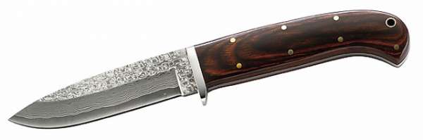 Herbertz Damastmesser, 49 Lagen, Pakkaholz, Lederscheide, Holzbo