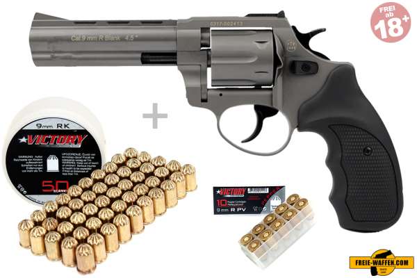 Schreckschuss Set: Zoraki Revolver R1 4,5 Zoll Titan + 50 Platz- / + 10 Pfefferpatronen