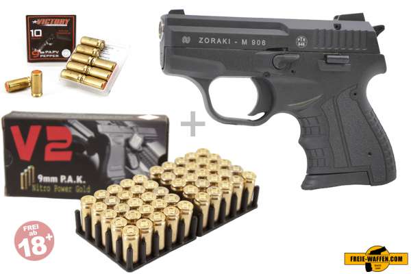 Schreckschuss Set: Zoraki906 Schwarz / Chrom + 50 Platz- / + 10 Pfefferpatronen 9mm P.A.K.