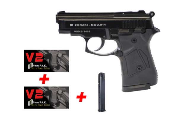 Zoraki 914 Schreckschusspistole / Gaspistole, schwarz Set 100 Schuss und Extra Magazin.