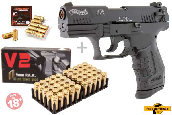 Walther P22 Gaspistole + 50 Platzpatronen + 10 Pfefferpatronen Set