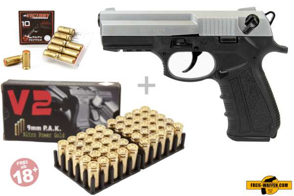 Schreckschuss Set: Zoraki 2918 Chrom matt + 50 Platz- / + 10 Pfefferpatronen 9mm P.A.K.