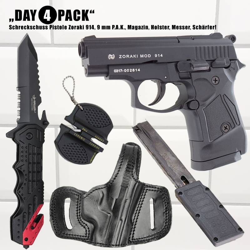 Everydaycarry: Zoraki 914 Schreckschusspistole 9mm P.A.K. Schwarz +  Universal Schreckschuss Magazin + First Strike Holster + Haller XXL Rescue  Taschenmesser + Messerschärfer günstig online kaufen.