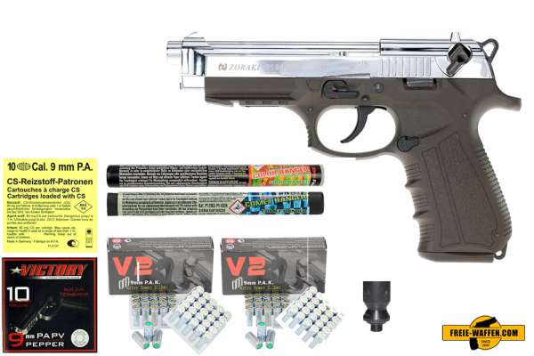 Zoraki 918 - Komplett Set -Schreckschuss-Pistole 9mm P.A.K. Chrom ODG