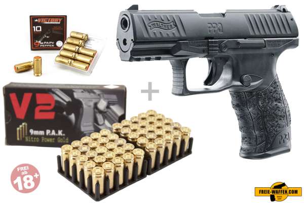 Walther PPQ M2 Schwarz/ brüniert Schreckschuss Set + 50 Platzpatronen + 10 CS-Gas Patronen 9mm