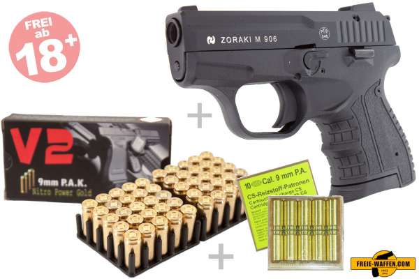 Schreckschuss Set: Zoraki 906 Schwarz +50 Platz- / +10 CS-Reizgaspatronen 9mm P.A.K.