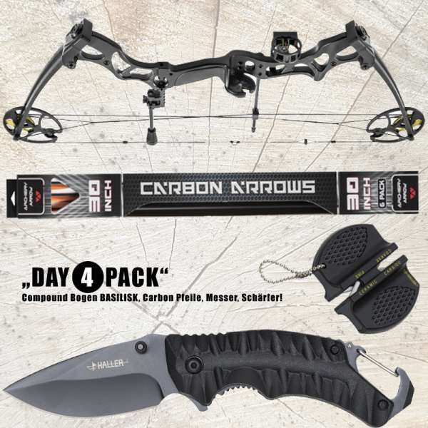 Hunting Gear Deals: Compound Bogen BASILISK + Carbon Pfeile 30'' + Haller EinhandmesserHunting Gear Deals: Compound Bogen BASILISK + Carbon Pfeile 30'' + Haller Einhandmesser