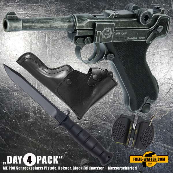 Everydaycarry: ME P08 Schreckschuss Pistole 9 mm P.A.K. Antik Look + Holster + Glock Feldmesser Everydaycarry: ME P08 Schreckschuss Pistole 9 mm P.A.K. Antik Look + Holster + Glock Feldmesser