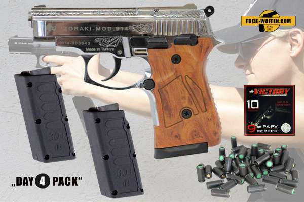 Schreckschuss Set: Zoraki 914 Chrom graviert + 2x 30 Schuss Magazin + Platzpatronen + Pfefferpatrone