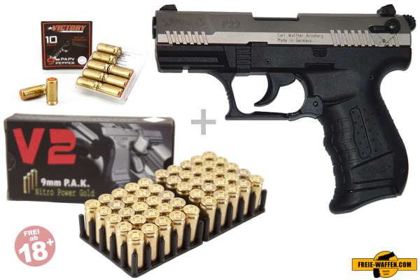 Walther P22 Bicolor/ Nickel Schreckschuss Set + 50 Platzpatronen + 10 CS-Gas Patronen 9mm