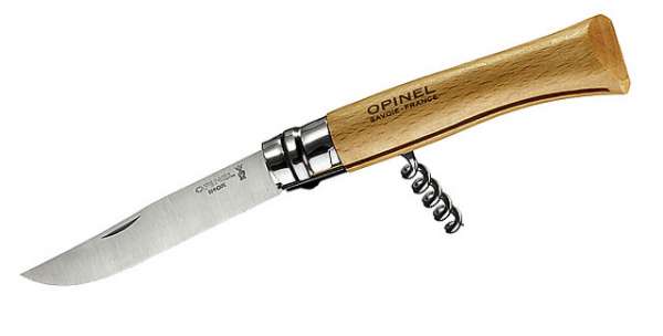 Opinel-Messer, Größe 10, Buchenholz, mit Korkenzieher