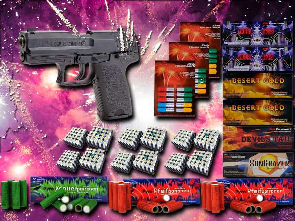 Schreckschuss Silvester Set XXL IWG SP15 COMPACT Pistole inkl. 600 Teile Schreckschuss Silvester Set XXL IWG SP15 COMPACT Pistole inkl. 600 Teile