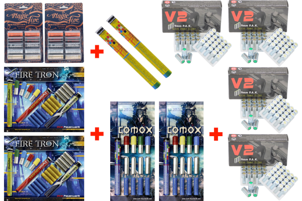 Silvester Pyro Munition - Set: 176 Teile Zink Feuerwerk + 200 Schuss Platzpatronen