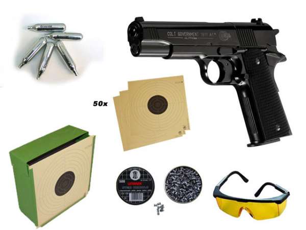 Colt Government, Kugelfang, Brille, 500 Diablos, 10 C02 Kapseln