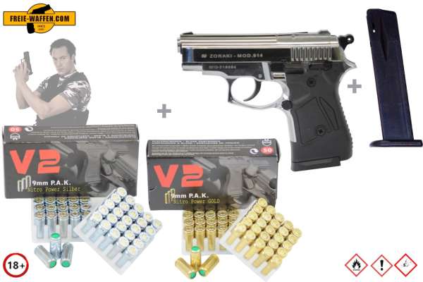 ZORAKI 914 - Komplett Set - Schreckschuss-Pistole Kal. 9mm P.A.K + Munition und Zubehör
