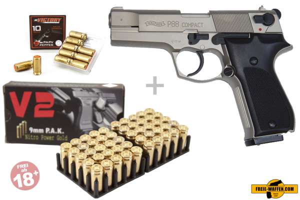 Walther P88 Bicolor Schreckschuss Set + 50 Platzpatronen + 10 CS-Gas Patronen 9mm