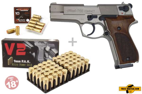 Walther P88 Nickel/ HG Schreckschuss Set + 50 Platzpatronen + 10 CS-Gas Patronen 9mm