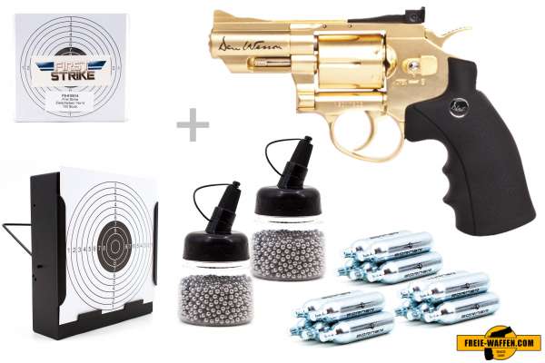 Co² Pistole Komplettset: Dan Wesson 2,5" Gold, Kugelfangkasten & Zubehör Co² Pistole Komplettset: Dan Wesson 2,5" Gold, Kugelfangkasten & Zubehör