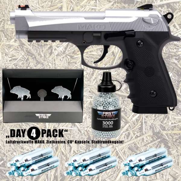 Komplettset: Crosman CO² Pistole Mako 4,5 mm BB + Zielkasten + CO² Kapseln + 3000 Stahlrundkugeln Komplettset: Crosman CO² Pistole Mako 4,5 mm BB + Zielkasten + CO² Kapseln + 3000 Stahlrundkugeln