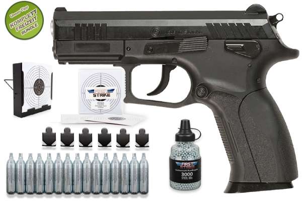 Co² Pistole Komplettset: Grand Power Modell P1MK7 BLOW BACK, Kugelfangkasten & Zubehör