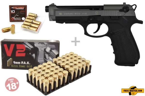 Schreckschuss Set: Zoraki 918 Titan / Schwarz + 50 Platz- / + 10 Pfefferpatronen 9mm P.A.K.