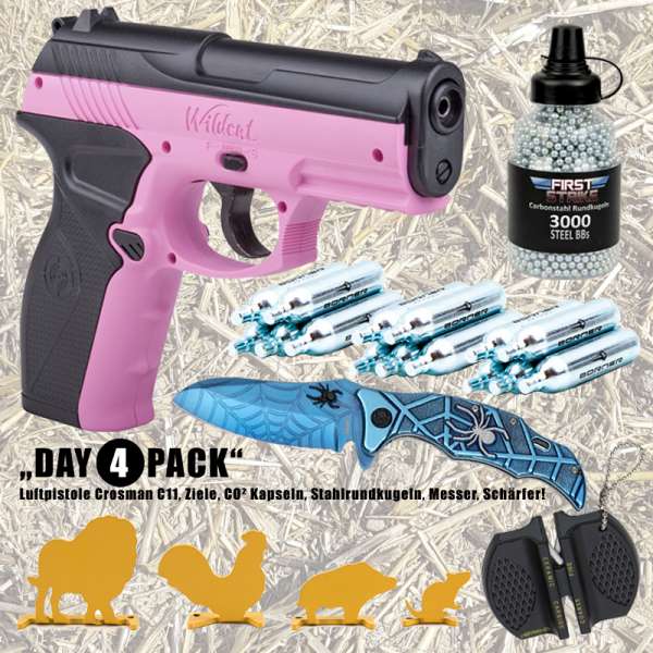 Komplettset: Crosman Luftpistole C11 4,5mm Pink Wild Cat + Munition + Zielscheiben + Taschenmesser B Komplettset: Crosman Luftpistole C11 4,5mm Pink Wild Cat + Munition + Zielscheiben + Taschenmesser B