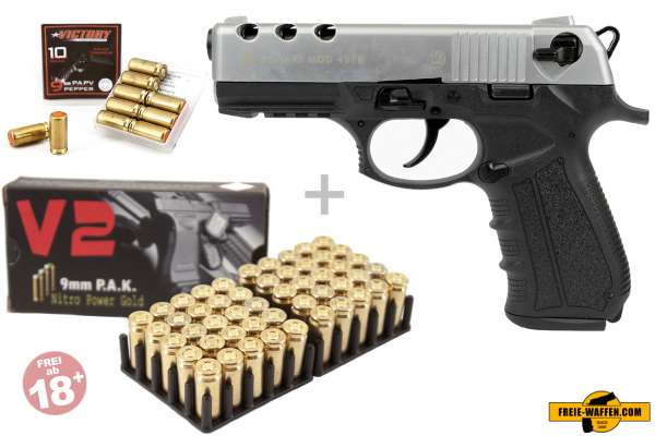 Schreckschuss Set: Zoraki 4918 Chrom matt + 50 Platz- / + 10 Pfefferpatronen 9mm R.K.