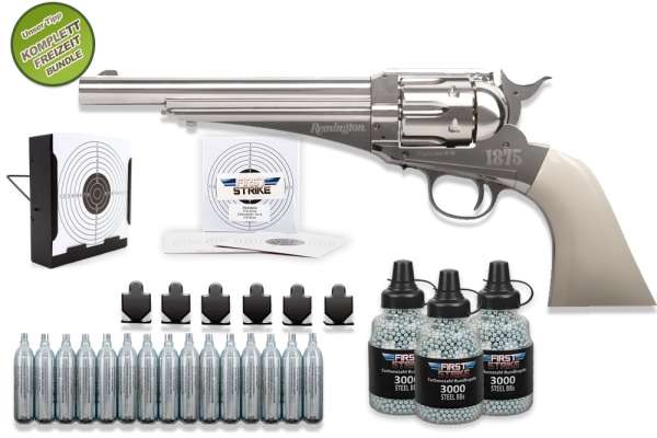 Co² Pistole Komplettset: Crosman Remington 1875 Nickel Finish, Kugelfangkasten & Zubehör