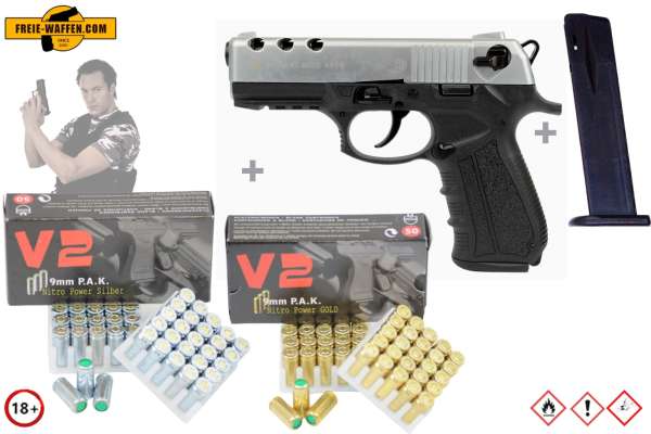 ZORAKI 4918- Komplett Set - Schreckschuss-Pistole Kal. 9mm P.A.K + Munition und Zubehör